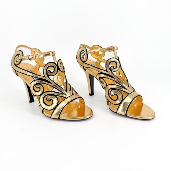 Prada Baroque Gold Caged Sandals Size 37.5 US 7.5 Cutout Metallic Leather Heels - Picture 1 of 15